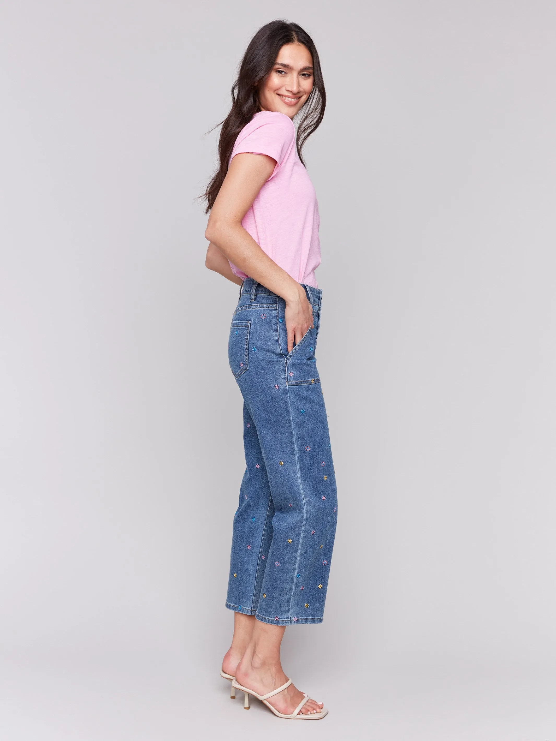 Embroidered Cropped Utility Pocket Jeans - Medium Blue