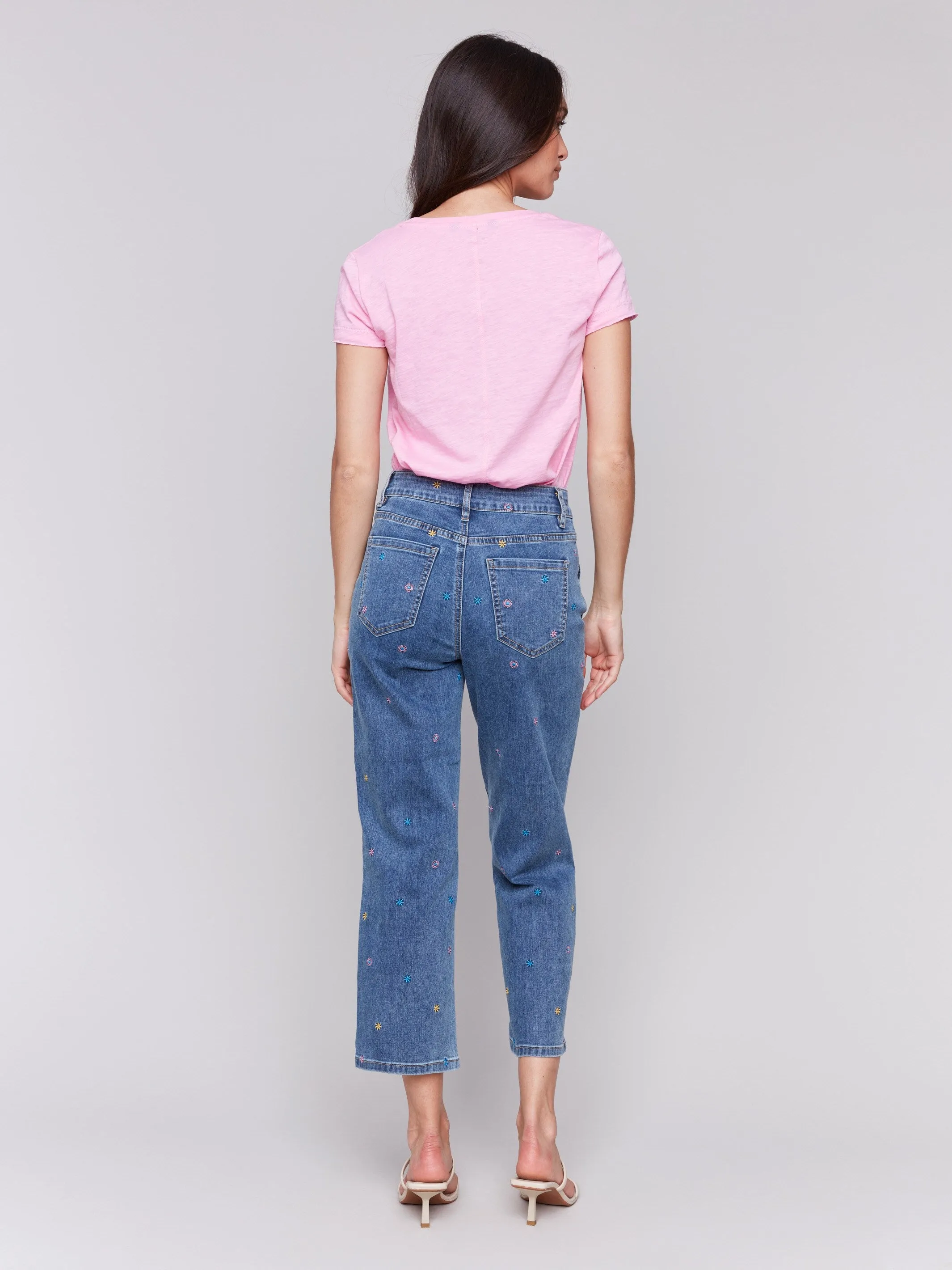 Embroidered Cropped Utility Pocket Jeans - Medium Blue