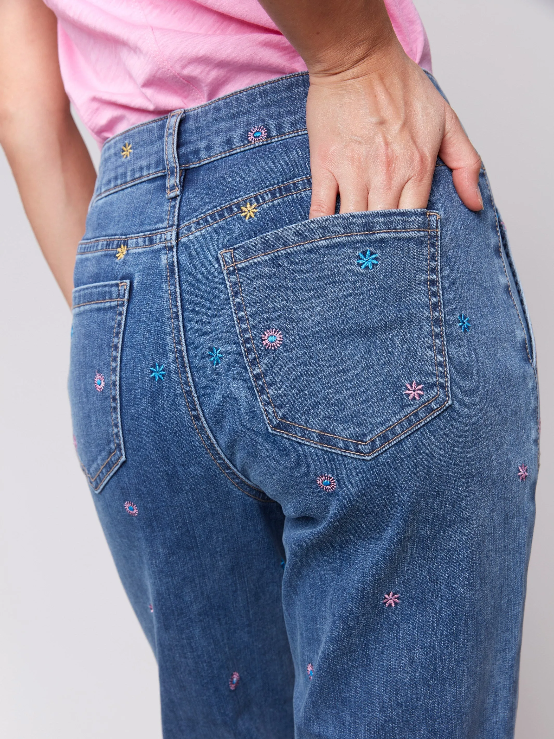 Embroidered Cropped Utility Pocket Jeans - Medium Blue