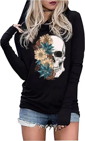 FCHICH Skull Hoodie Tshirt Women Vintage Gothic Graphic Tees Halloween Hoodies Casual Fall Long Sleeve Pullover Tops