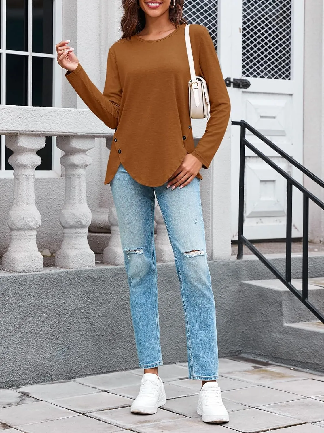 Fisoew Womens Casual Long Sleeve Tunic Tops Round Neck Shirt Button Side Basic Tees Wearring with Leggings 2024