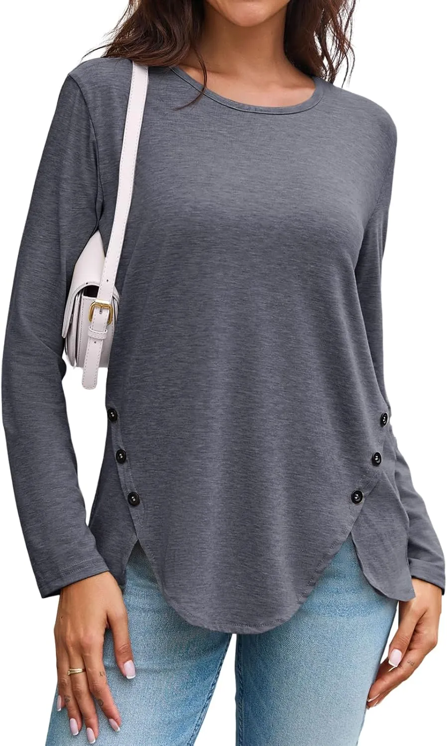 Fisoew Womens Casual Long Sleeve Tunic Tops Round Neck Shirt Button Side Basic Tees Wearring with Leggings 2024