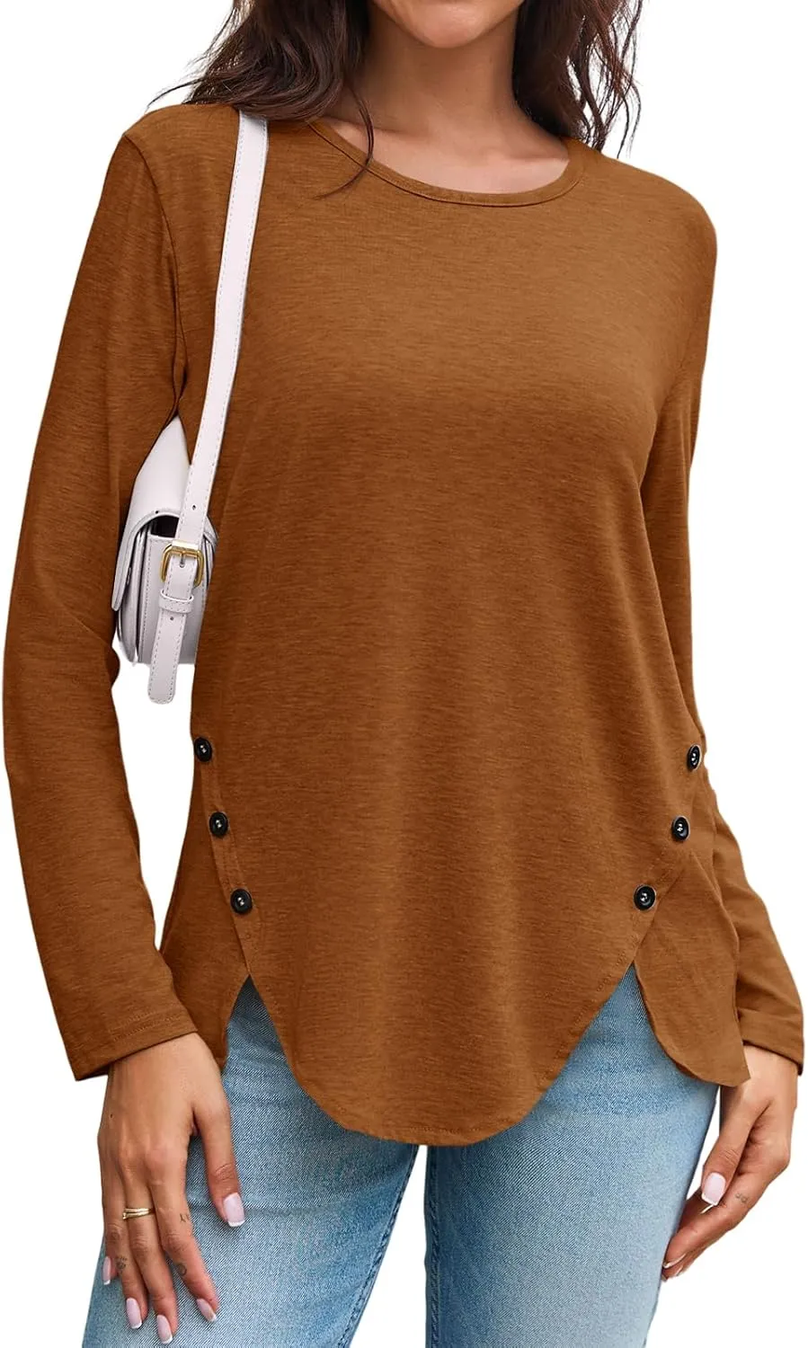 Fisoew Womens Casual Long Sleeve Tunic Tops Round Neck Shirt Button Side Basic Tees Wearring with Leggings 2024