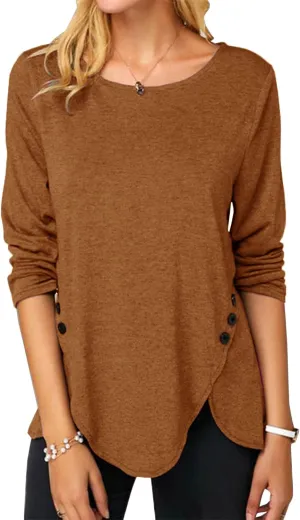 Fisoew Womens Casual Long Sleeve Tunic Tops Round Neck Shirt Button Side Basic Tees Wearring with Leggings 2024