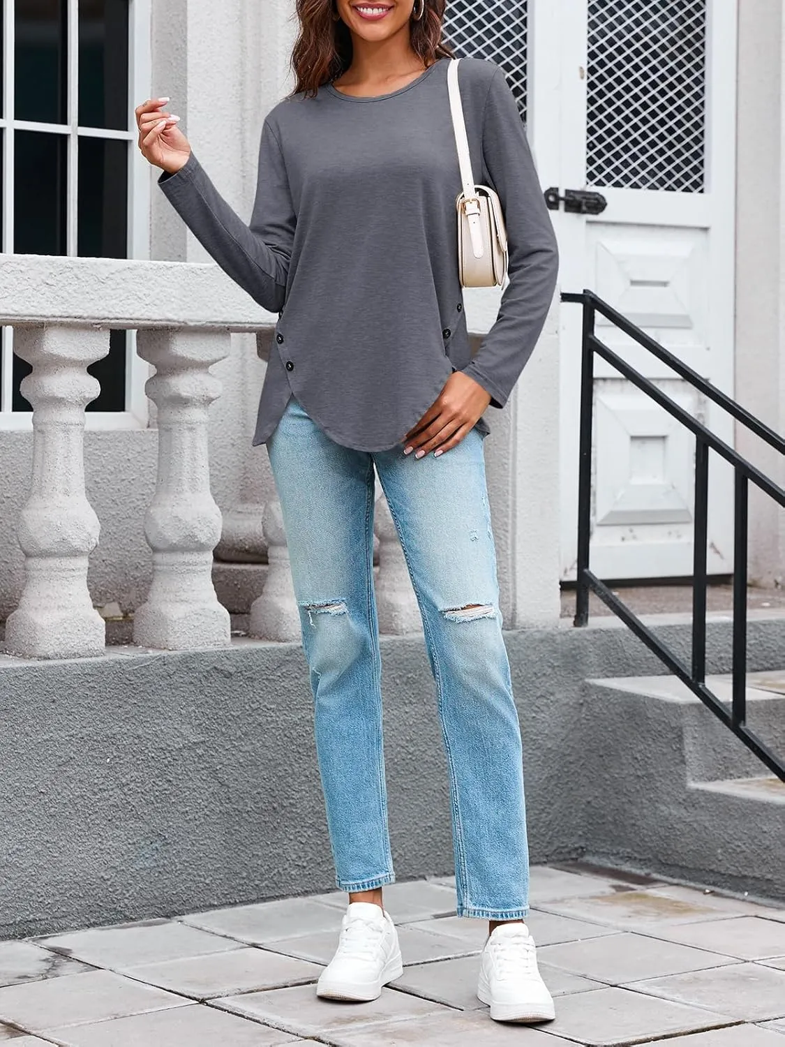 Fisoew Womens Casual Long Sleeve Tunic Tops Round Neck Shirt Button Side Basic Tees Wearring with Leggings 2024