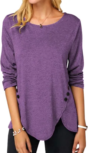 Fisoew Womens Casual Long Sleeve Tunic Tops Round Neck Shirt Button Side Basic Tees Wearring with Leggings 2024