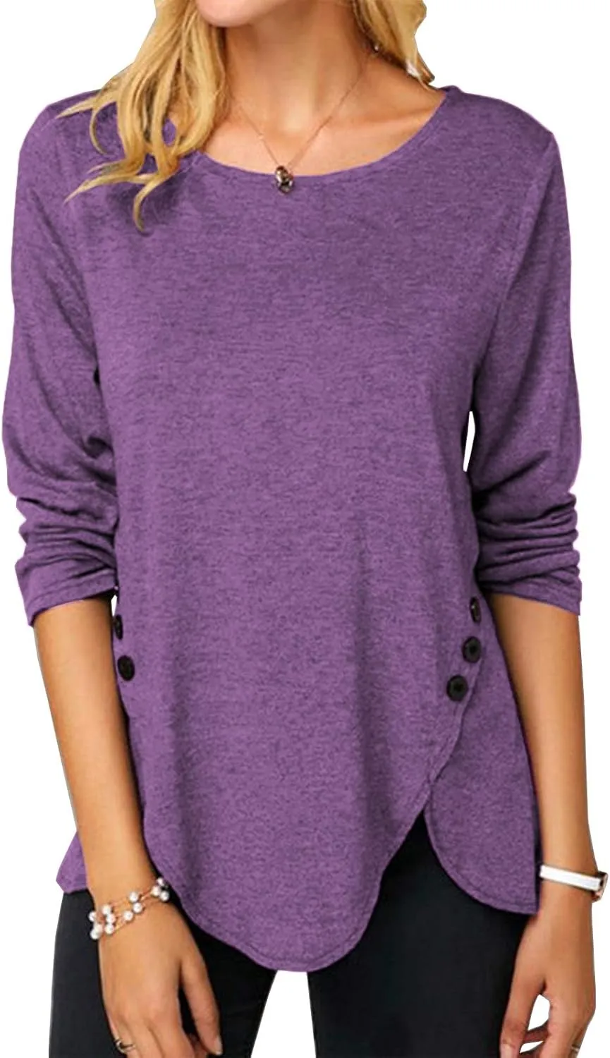 Fisoew Womens Casual Long Sleeve Tunic Tops Round Neck Shirt Button Side Basic Tees Wearring with Leggings 2024