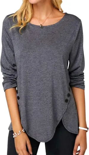 Fisoew Womens Casual Long Sleeve Tunic Tops Round Neck Shirt Button Side Basic Tees Wearring with Leggings 2024