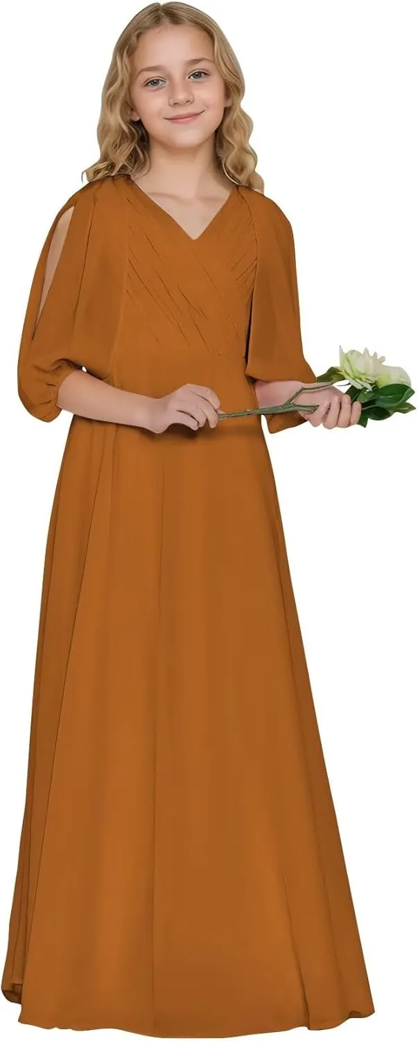 Girls V Neck Junior Bridesmaid Dress for Wedding Chiffon Flower Girl Wedding Party Dresses for Teen