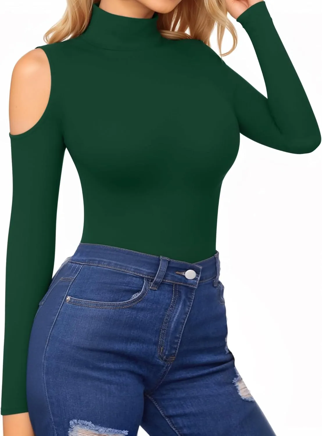 HERLOLLYCHIPS Mock Neck Tops for Women Cold Shoulder Long Short Sleeve Ribbed Knit Tight Stretchy Sexy Dressy Casual T-Shirts
