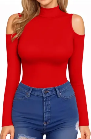 HERLOLLYCHIPS Mock Neck Tops for Women Cold Shoulder Long Short Sleeve Ribbed Knit Tight Stretchy Sexy Dressy Casual T-Shirts