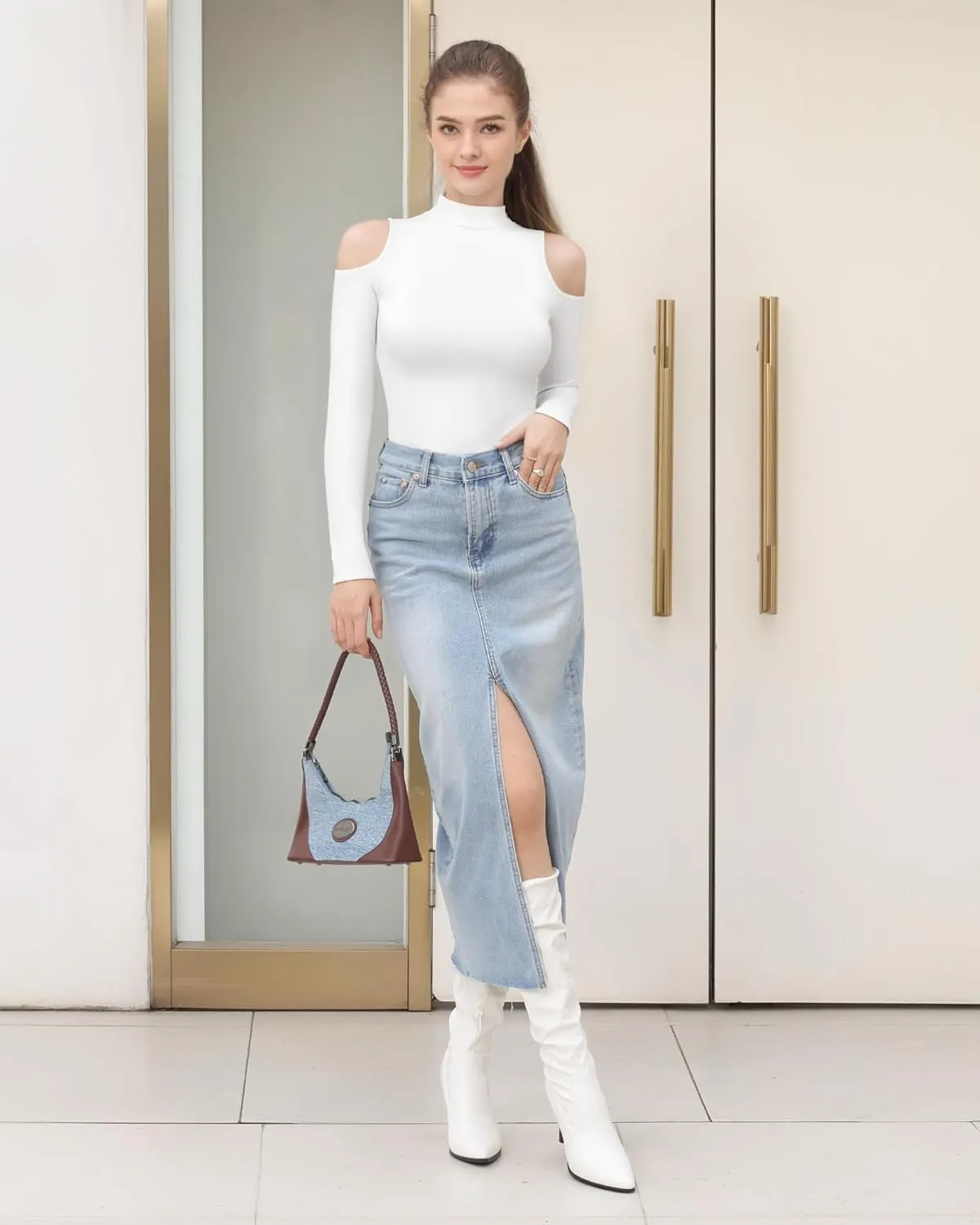 HERLOLLYCHIPS Mock Neck Tops for Women Cold Shoulder Long Short Sleeve Ribbed Knit Tight Stretchy Sexy Dressy Casual T-Shirts