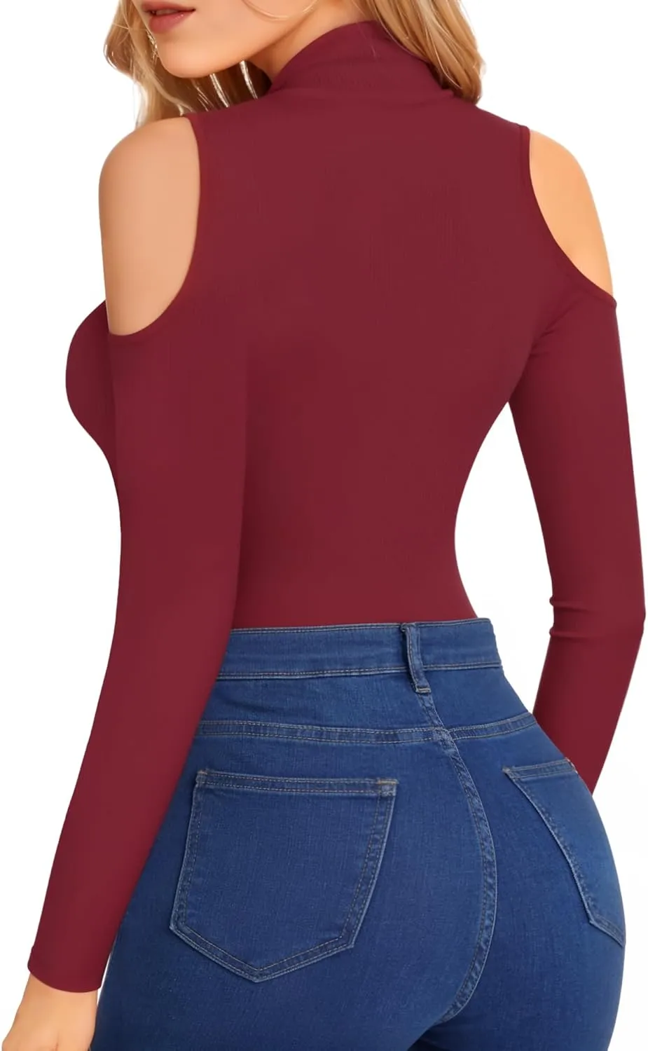 HERLOLLYCHIPS Mock Neck Tops for Women Cold Shoulder Long Short Sleeve Ribbed Knit Tight Stretchy Sexy Dressy Casual T-Shirts