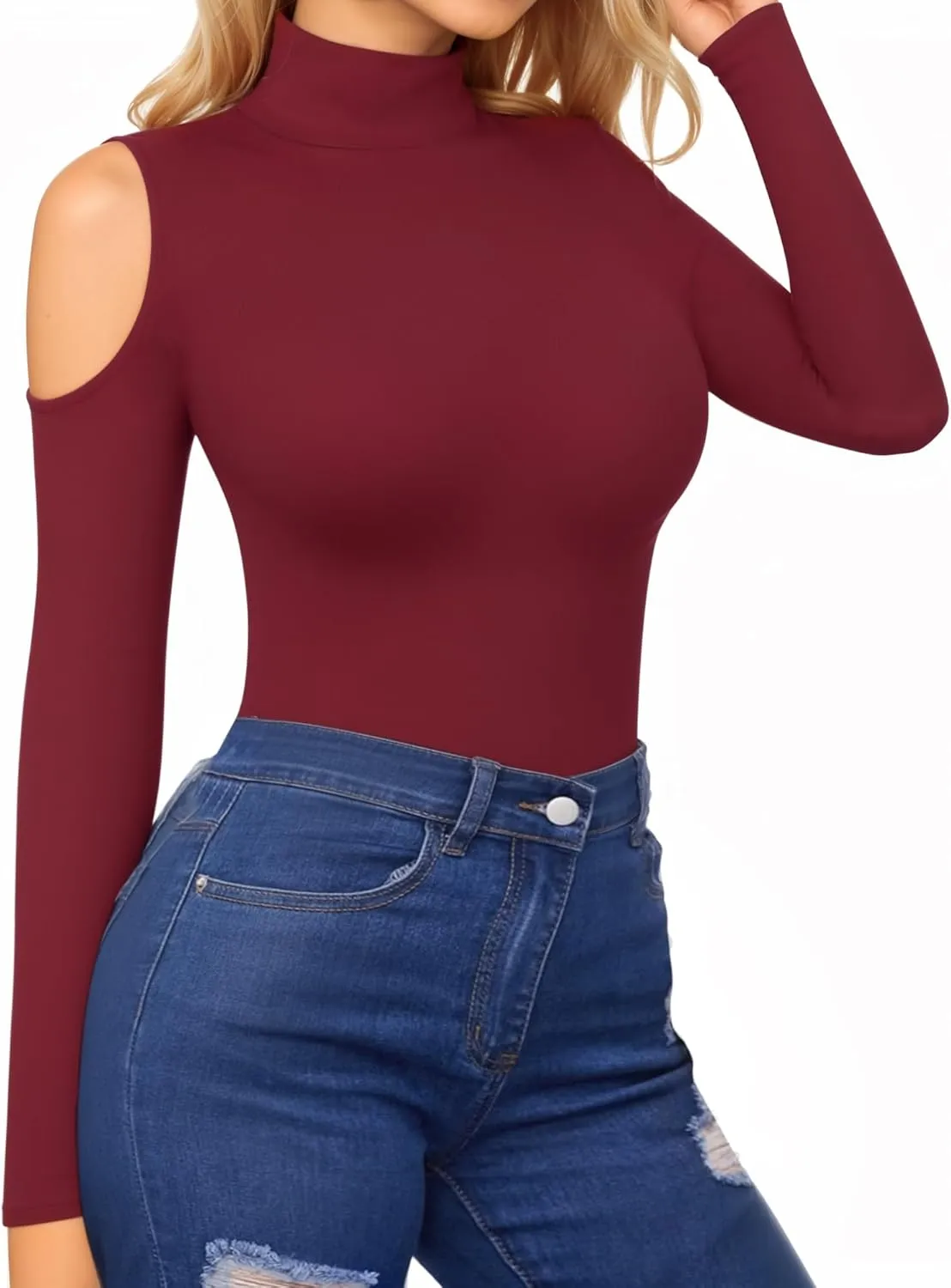 HERLOLLYCHIPS Mock Neck Tops for Women Cold Shoulder Long Short Sleeve Ribbed Knit Tight Stretchy Sexy Dressy Casual T-Shirts