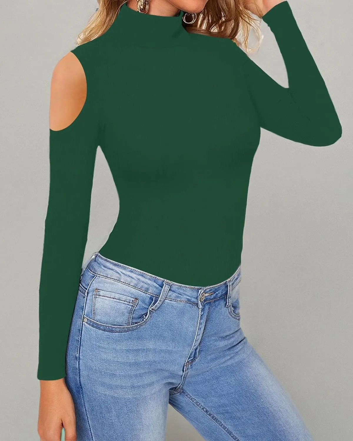 HERLOLLYCHIPS Mock Neck Tops for Women Cold Shoulder Long Short Sleeve Ribbed Knit Tight Stretchy Sexy Dressy Casual T-Shirts