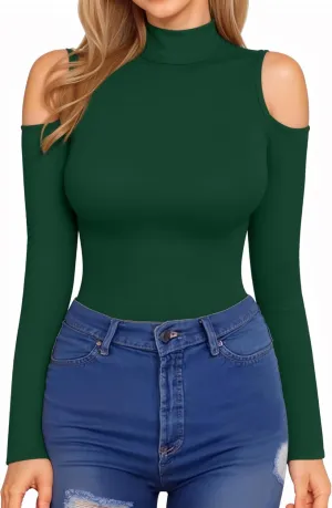 HERLOLLYCHIPS Mock Neck Tops for Women Cold Shoulder Long Short Sleeve Ribbed Knit Tight Stretchy Sexy Dressy Casual T-Shirts