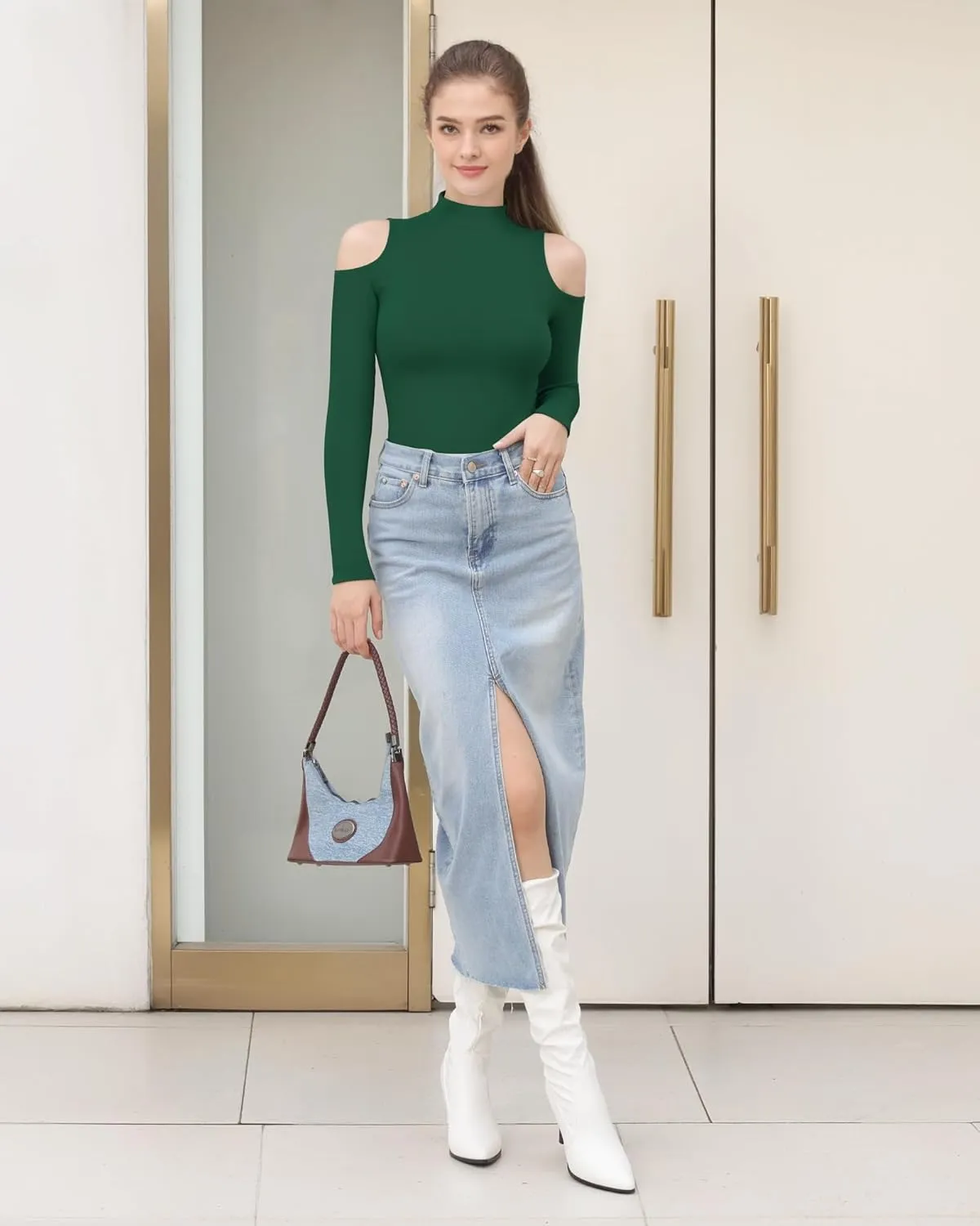 HERLOLLYCHIPS Mock Neck Tops for Women Cold Shoulder Long Short Sleeve Ribbed Knit Tight Stretchy Sexy Dressy Casual T-Shirts