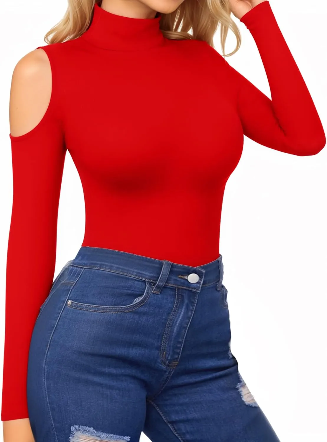 HERLOLLYCHIPS Mock Neck Tops for Women Cold Shoulder Long Short Sleeve Ribbed Knit Tight Stretchy Sexy Dressy Casual T-Shirts