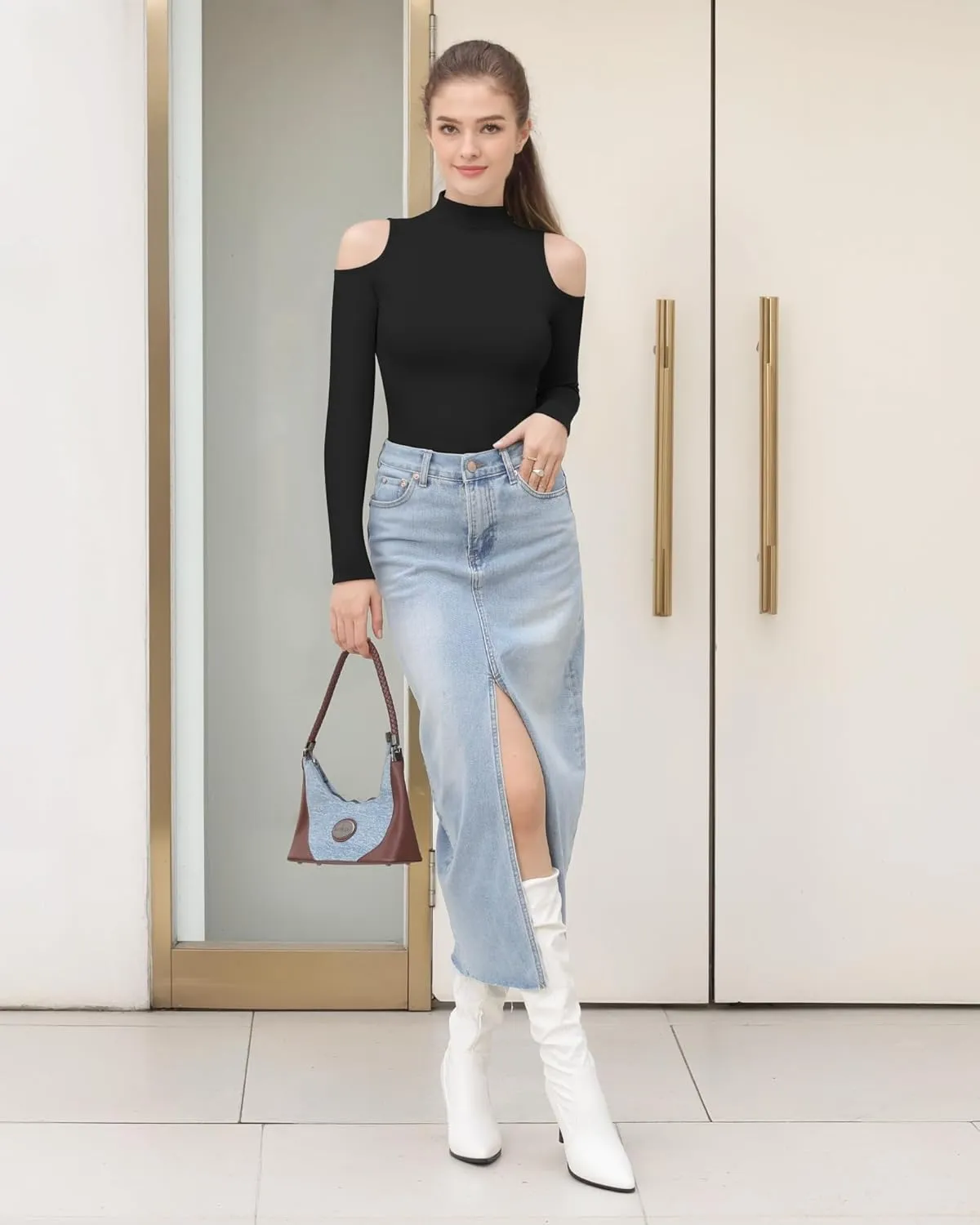 HERLOLLYCHIPS Mock Neck Tops for Women Cold Shoulder Long Short Sleeve Ribbed Knit Tight Stretchy Sexy Dressy Casual T-Shirts