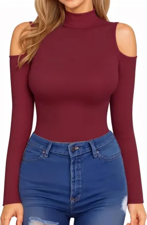 HERLOLLYCHIPS Mock Neck Tops for Women Cold Shoulder Long Short Sleeve Ribbed Knit Tight Stretchy Sexy Dressy Casual T-Shirts