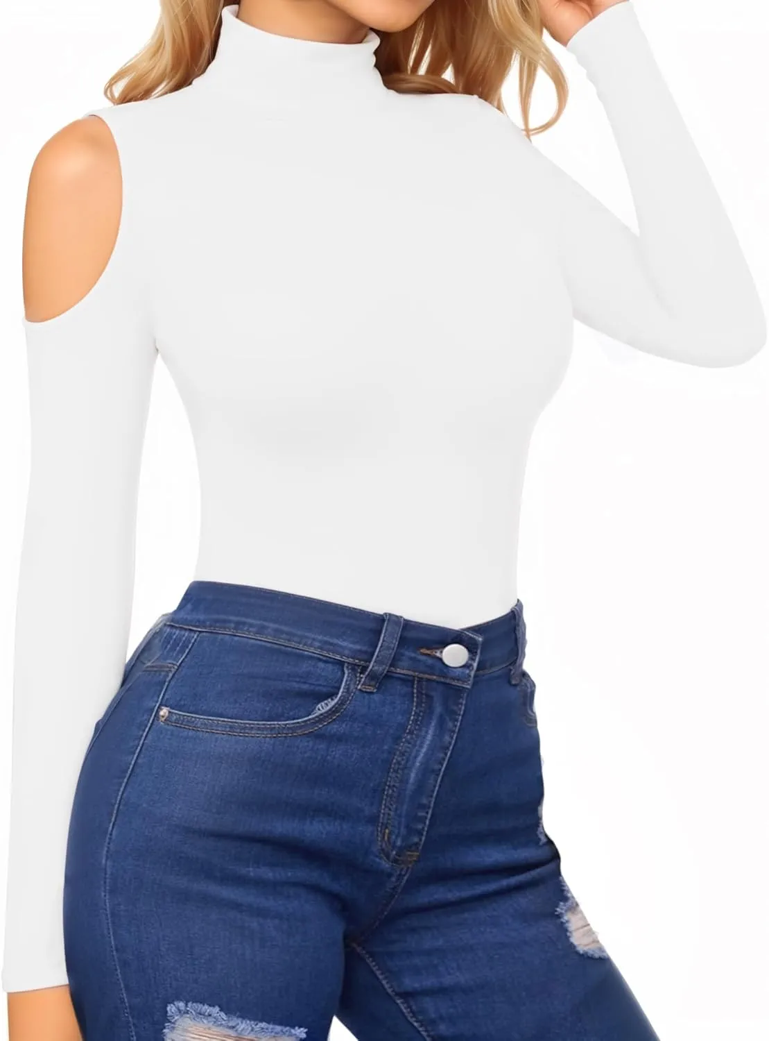 HERLOLLYCHIPS Mock Neck Tops for Women Cold Shoulder Long Short Sleeve Ribbed Knit Tight Stretchy Sexy Dressy Casual T-Shirts