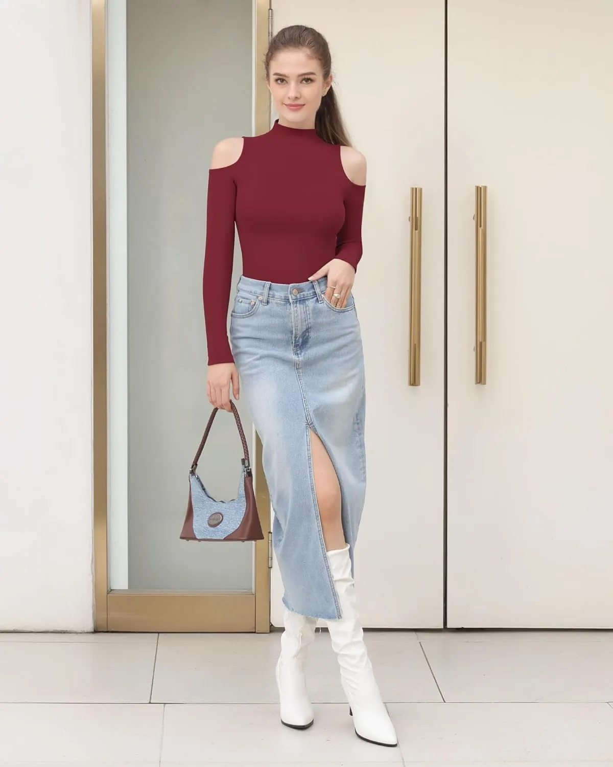 HERLOLLYCHIPS Mock Neck Tops for Women Cold Shoulder Long Short Sleeve Ribbed Knit Tight Stretchy Sexy Dressy Casual T-Shirts