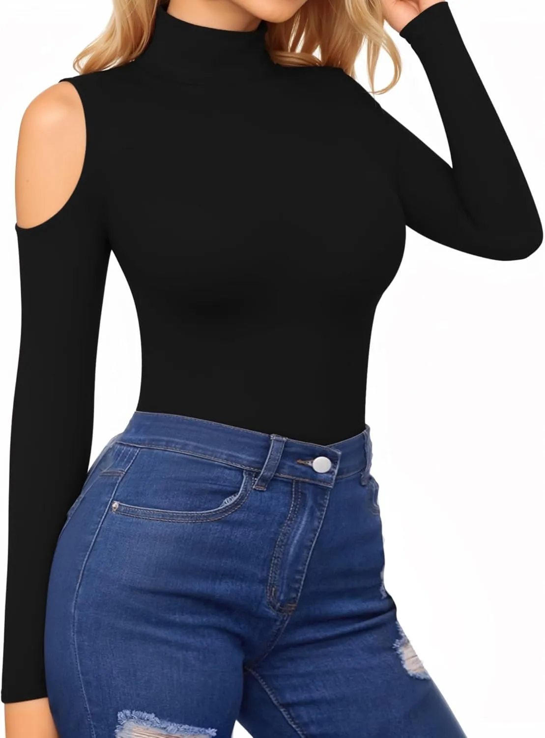 HERLOLLYCHIPS Mock Neck Tops for Women Cold Shoulder Long Short Sleeve Ribbed Knit Tight Stretchy Sexy Dressy Casual T-Shirts
