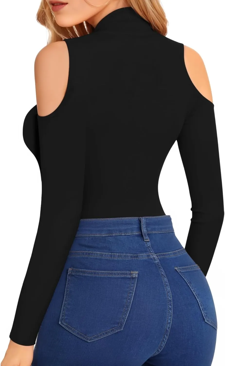 HERLOLLYCHIPS Mock Neck Tops for Women Cold Shoulder Long Short Sleeve Ribbed Knit Tight Stretchy Sexy Dressy Casual T-Shirts