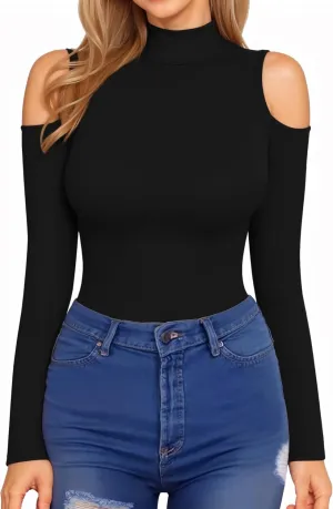 HERLOLLYCHIPS Mock Neck Tops for Women Cold Shoulder Long Short Sleeve Ribbed Knit Tight Stretchy Sexy Dressy Casual T-Shirts