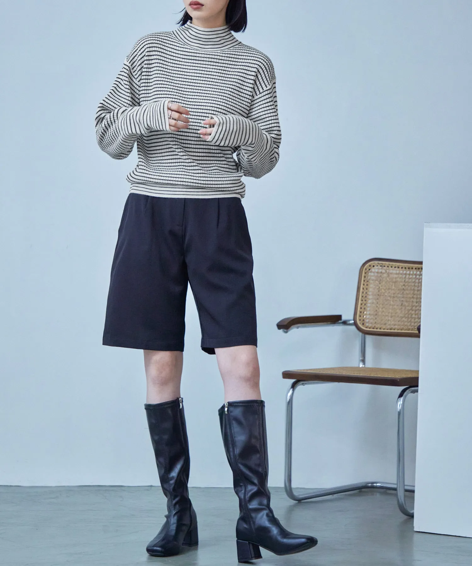 High Neck Striped Knit Pullover