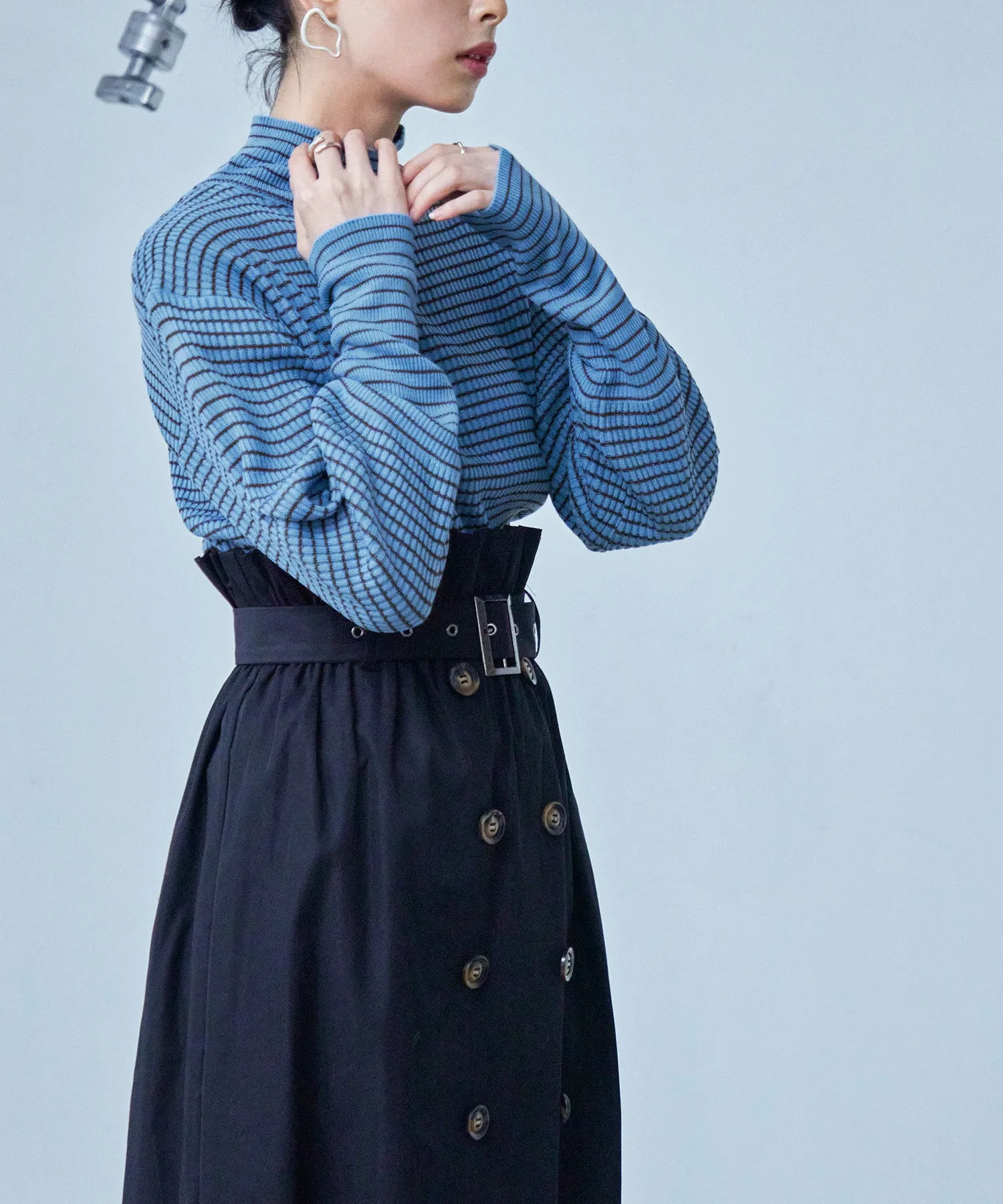 High Neck Striped Knit Pullover