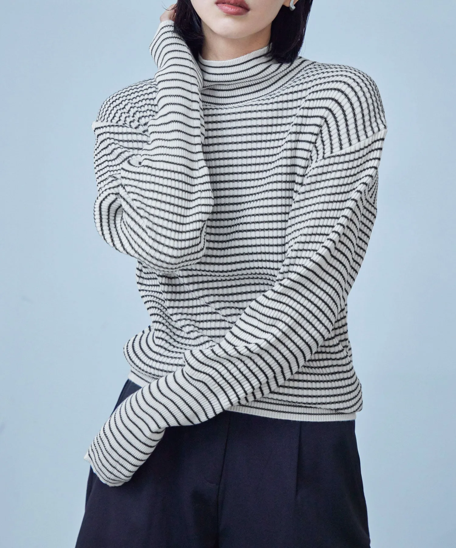High Neck Striped Knit Pullover