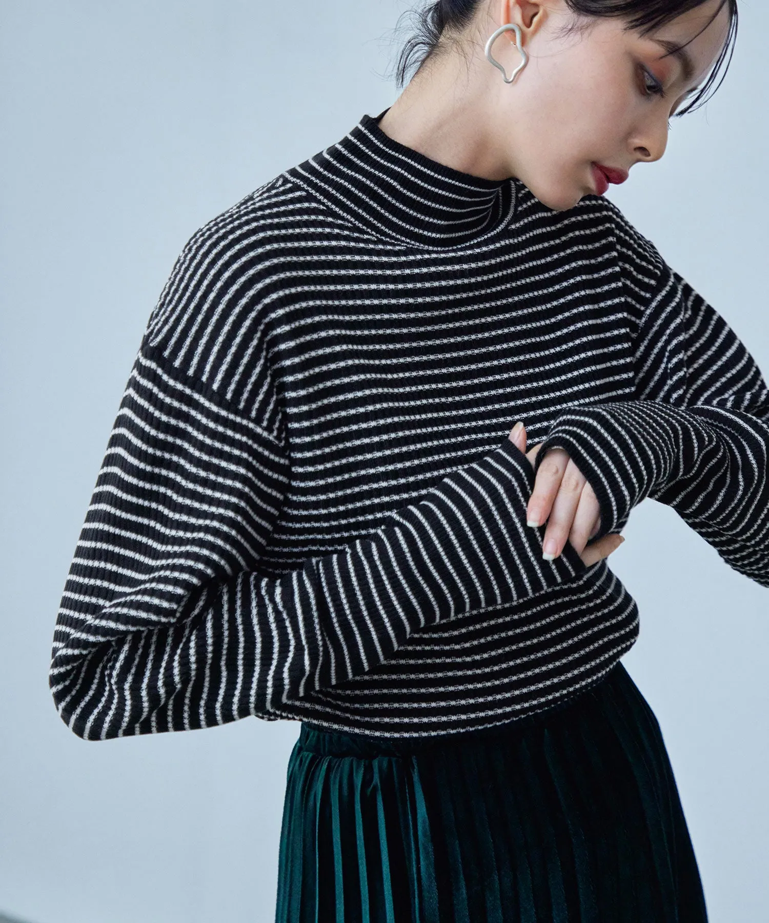 High Neck Striped Knit Pullover