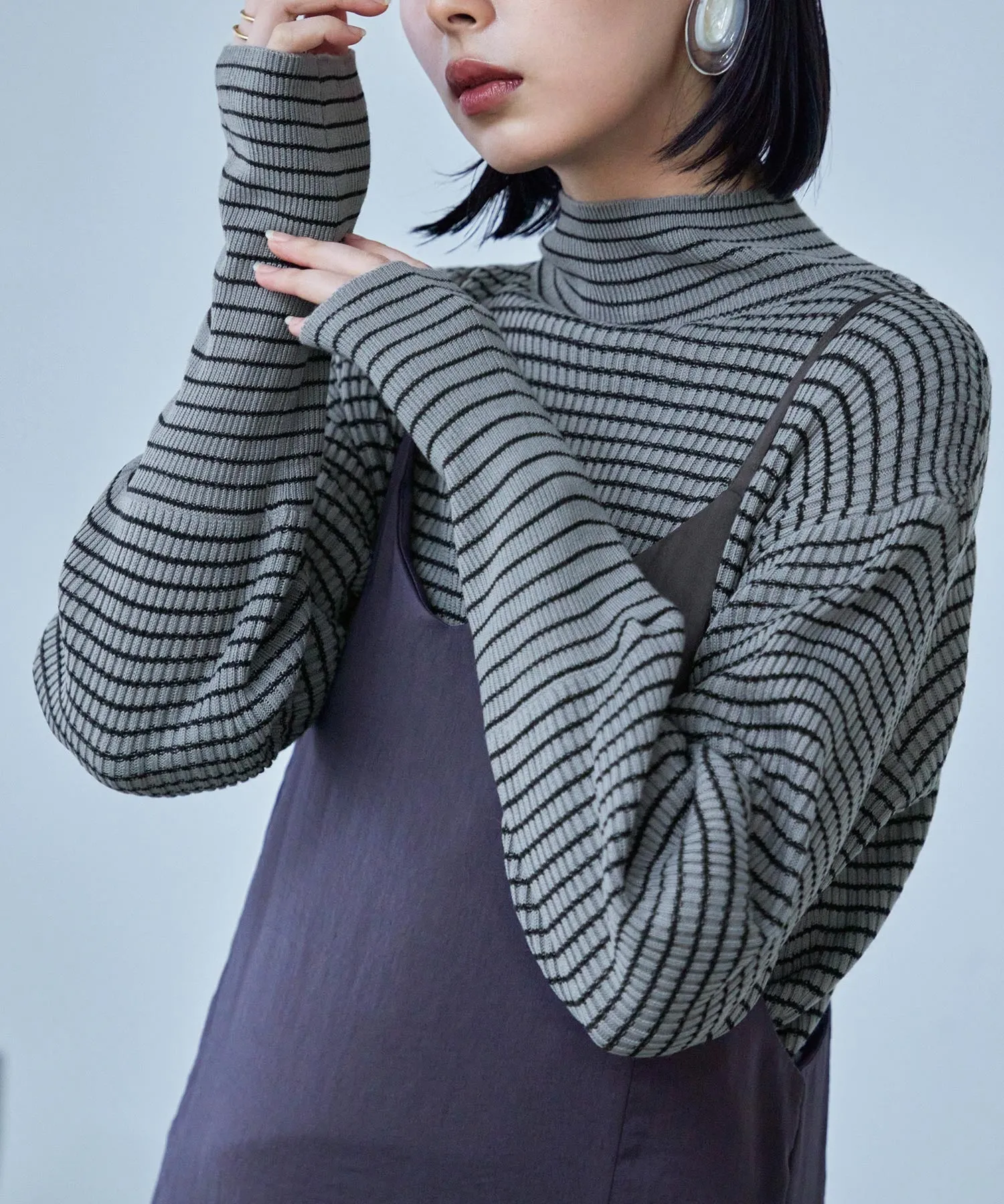 High Neck Striped Knit Pullover