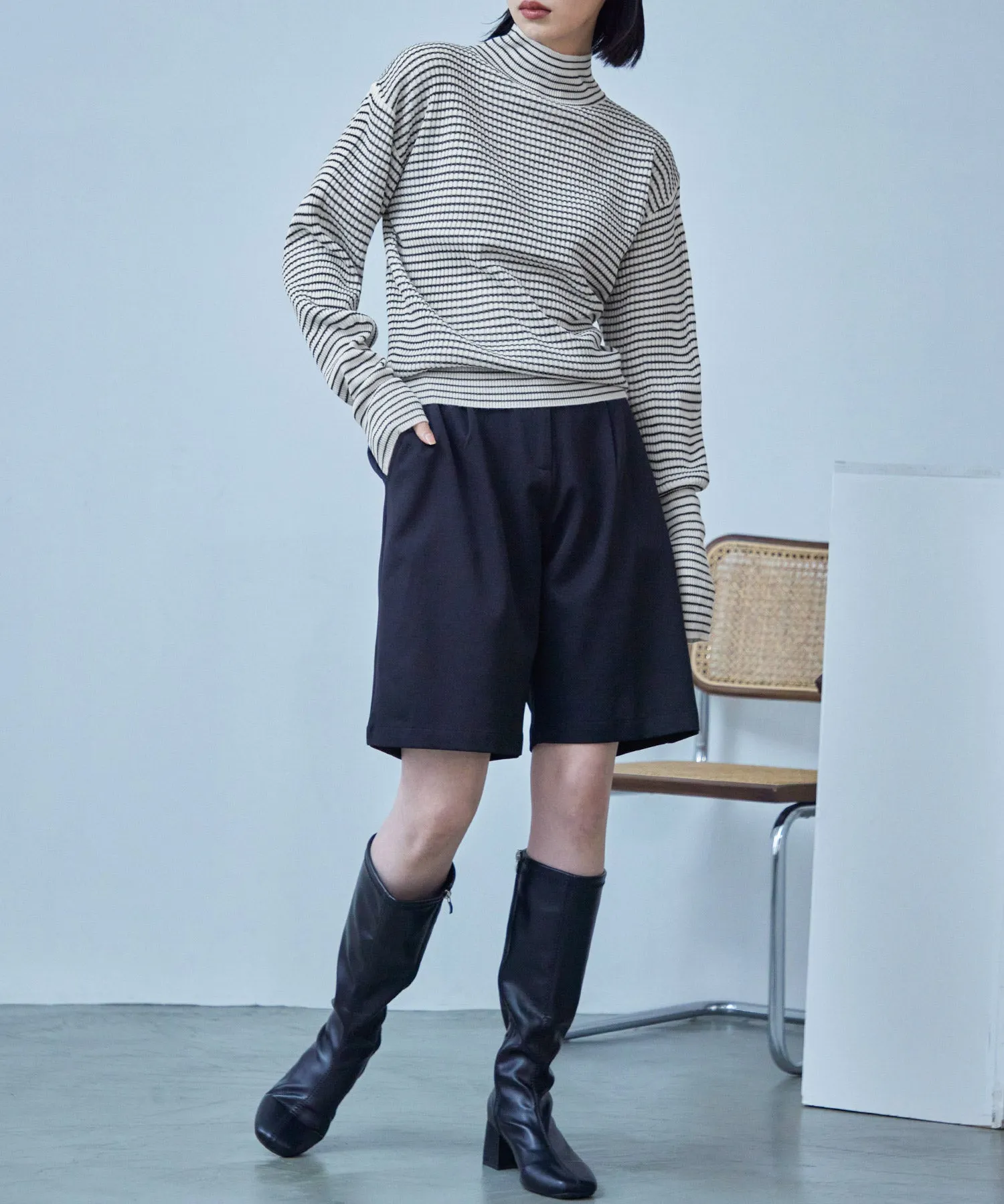 High Neck Striped Knit Pullover