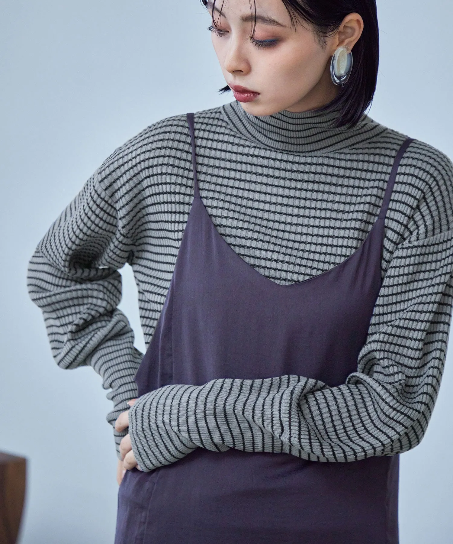 High Neck Striped Knit Pullover