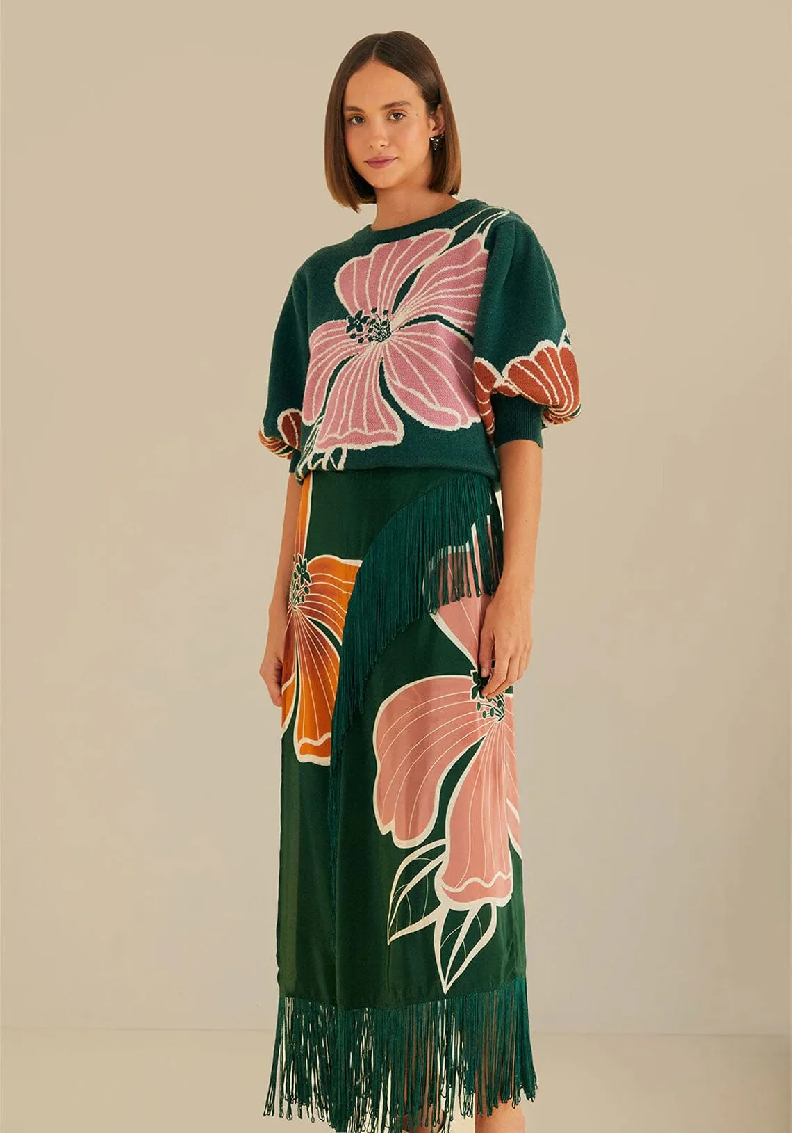 HONOLULU FLOWERS GREEN FRINGE MAXI SKIRT