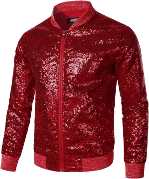 JOGAL Mens Sequins Nightclub Styles Zip up Varsity Baseball Bomber Jacket