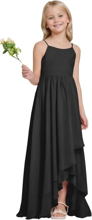 Junior Bridesmaid Dresses High Low Chiffon Pleated Flower Girl Dress Spaghetti Straps Wedding Party Pageant Gown