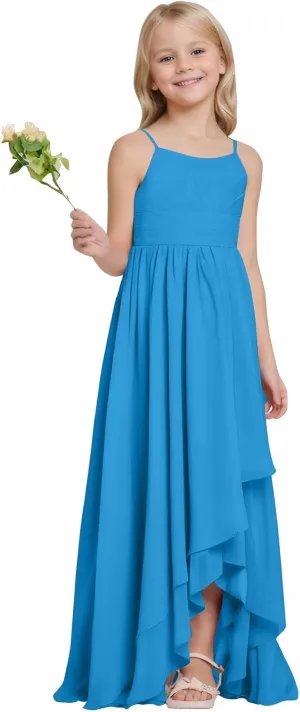 Junior Bridesmaid Dresses High Low Chiffon Pleated Flower Girl Dress Spaghetti Straps Wedding Party Pageant Gown