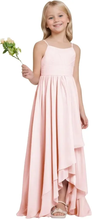Junior Bridesmaid Dresses High Low Chiffon Pleated Flower Girl Dress Spaghetti Straps Wedding Party Pageant Gown