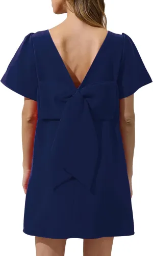 Kedera Women's Casual Mini Bow Dress Crew Neck Short Sleeves Loose Dresses Swing Solid Shift Dress with Pockets