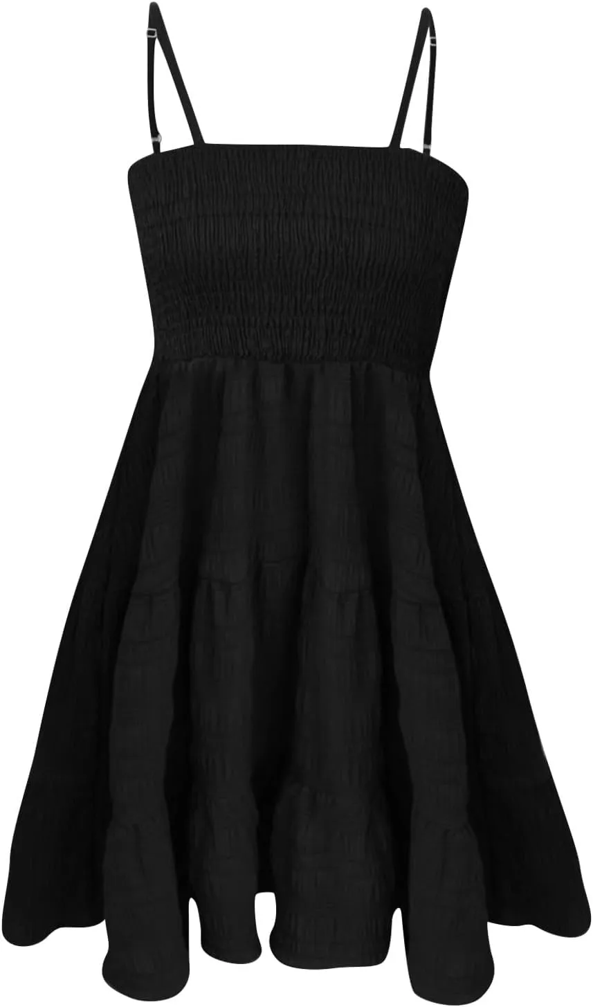 KIKX0DE Women's Sundress Summer Cami Ruffle Mini Dress Sleeveless Spaghetti Strap Swing A Line Short Casual Cute Tank Dresses