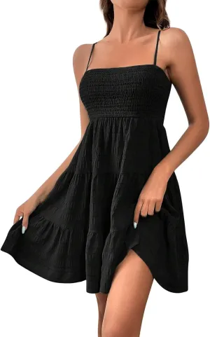 KIKX0DE Women's Sundress Summer Cami Ruffle Mini Dress Sleeveless Spaghetti Strap Swing A Line Short Casual Cute Tank Dresses