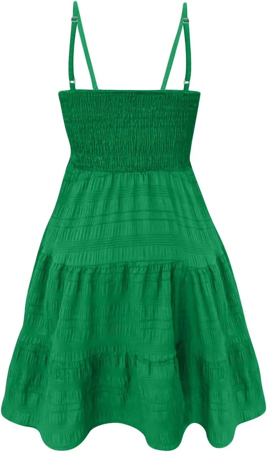 KIKX0DE Women's Sundress Summer Cami Ruffle Mini Dress Sleeveless Spaghetti Strap Swing A Line Short Casual Cute Tank Dresses
