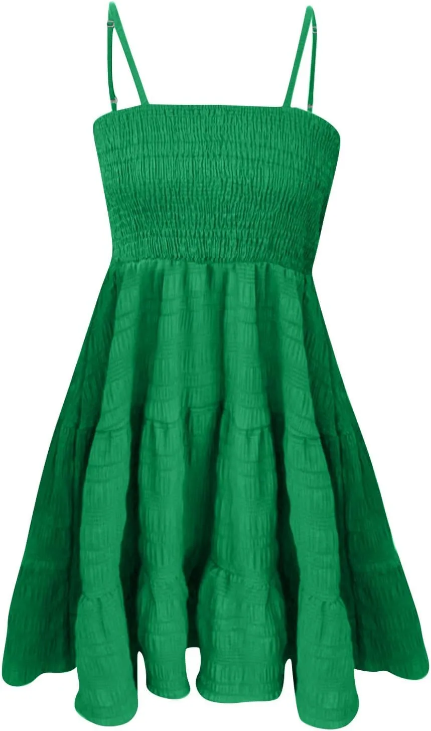 KIKX0DE Women's Sundress Summer Cami Ruffle Mini Dress Sleeveless Spaghetti Strap Swing A Line Short Casual Cute Tank Dresses