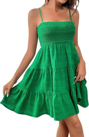 KIKX0DE Women's Sundress Summer Cami Ruffle Mini Dress Sleeveless Spaghetti Strap Swing A Line Short Casual Cute Tank Dresses