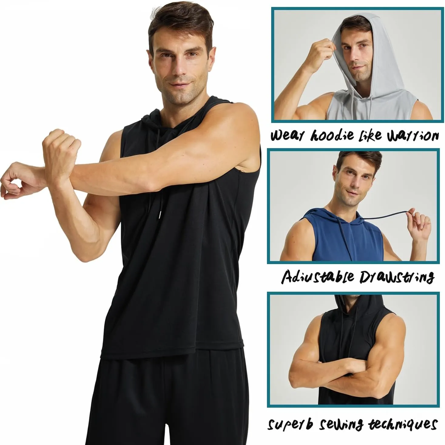 LANBAOSI Mens Workout Tank Tops Sleeveless Hoodie Hooded Vest Men Bodybuilding Muscle Tank Cut Off Shirts Gym Hoodies
