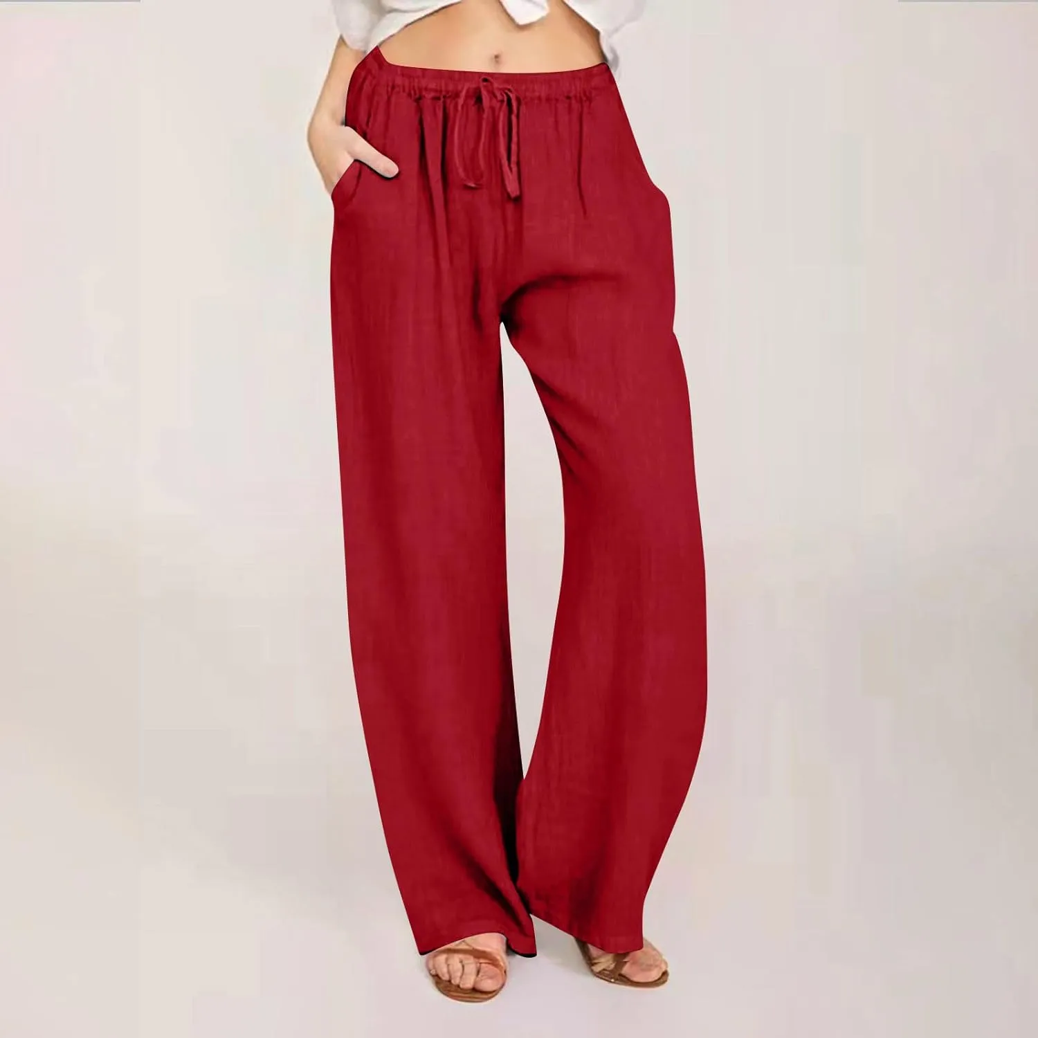 Linen Pants for Women Summer Drawstring Pockets Wide Leg Loose Casual Cotton Linen Palazzo Pants Clothes Casual
