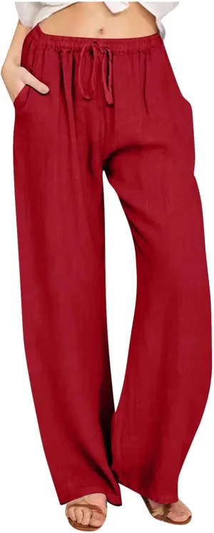 Linen Pants for Women Summer Drawstring Pockets Wide Leg Loose Casual Cotton Linen Palazzo Pants Clothes Casual